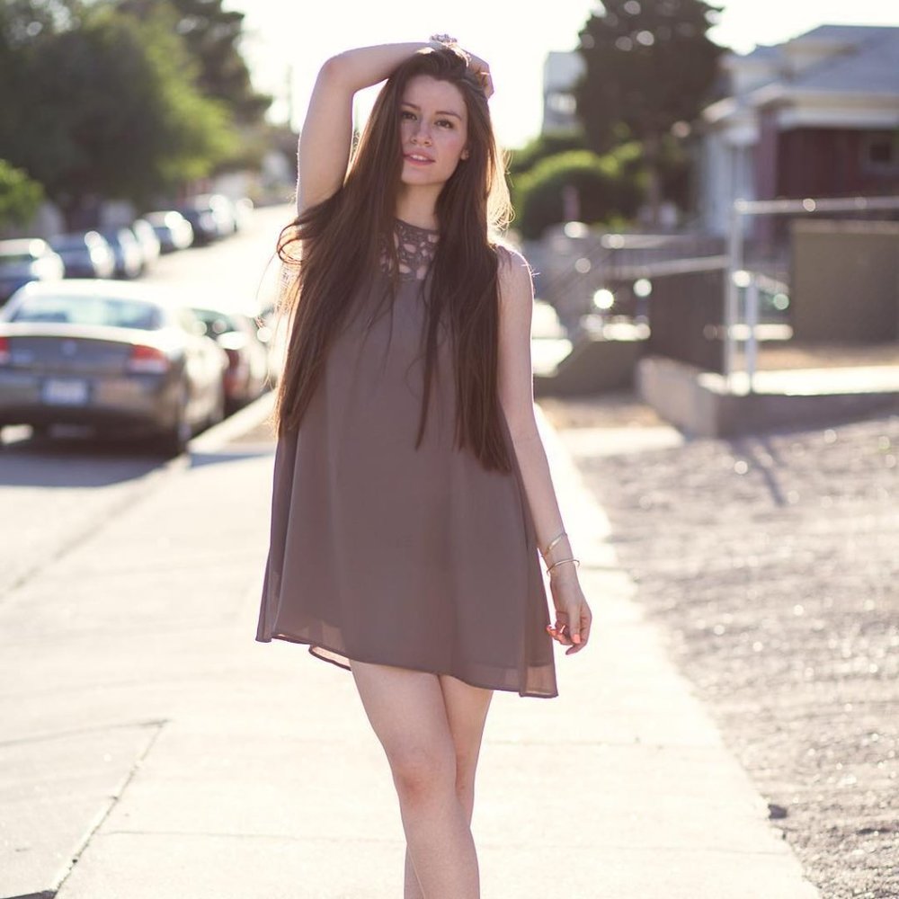 Brown Tan Sepia Chiffon Dress with Pockets